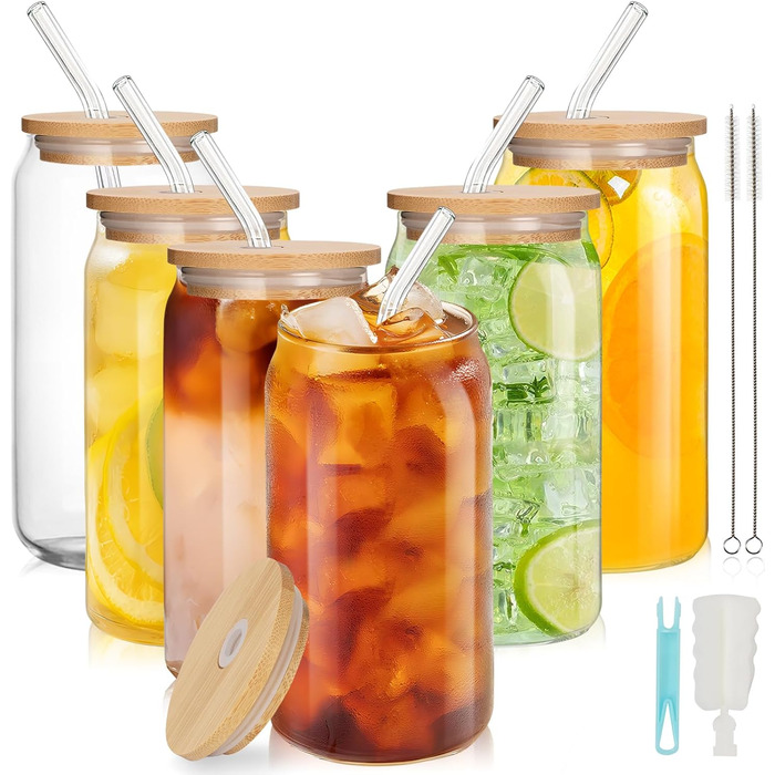 ZgoEC 16oz Cocktail Glasses Set, Drinking Glasses with Lid and Straw, 6pcs Can-Shaped Highball Glasses Set, Glasses with Lid and Straw, Coffee Cups Glass Cups with Straw, Gift