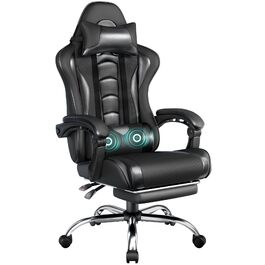 Ігрове крісло Yaheetech Ergonomic Gaming Chair з функцією масажу, підставкою для ніг та регулюванням спинки 90-135°, офісне крісло для геймерів та дому, чорне