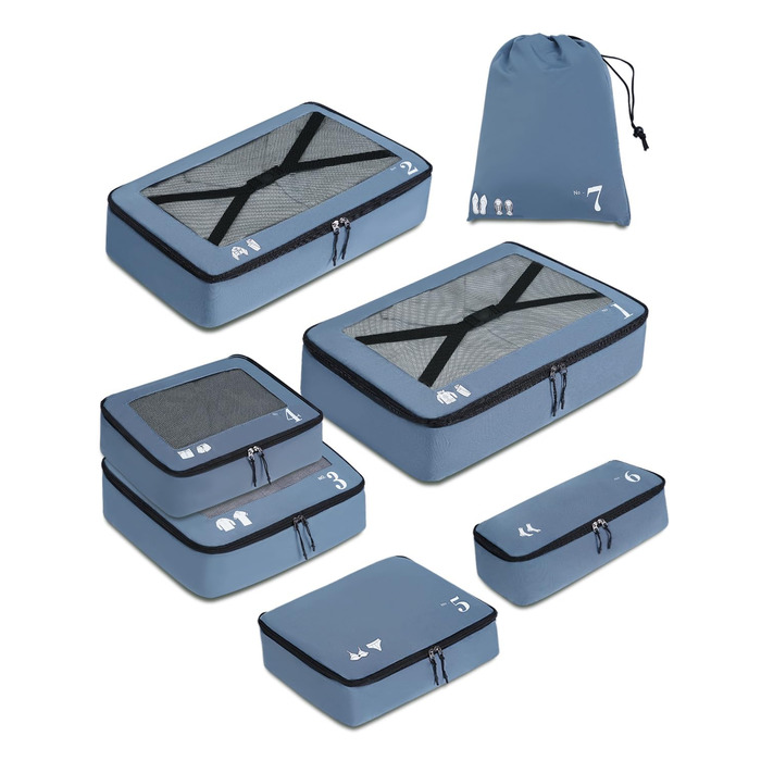 Набір органайзерів для валізи ECOHUB 7 шт., тревел-куби з блискавкою, перероблене PET, блакитний