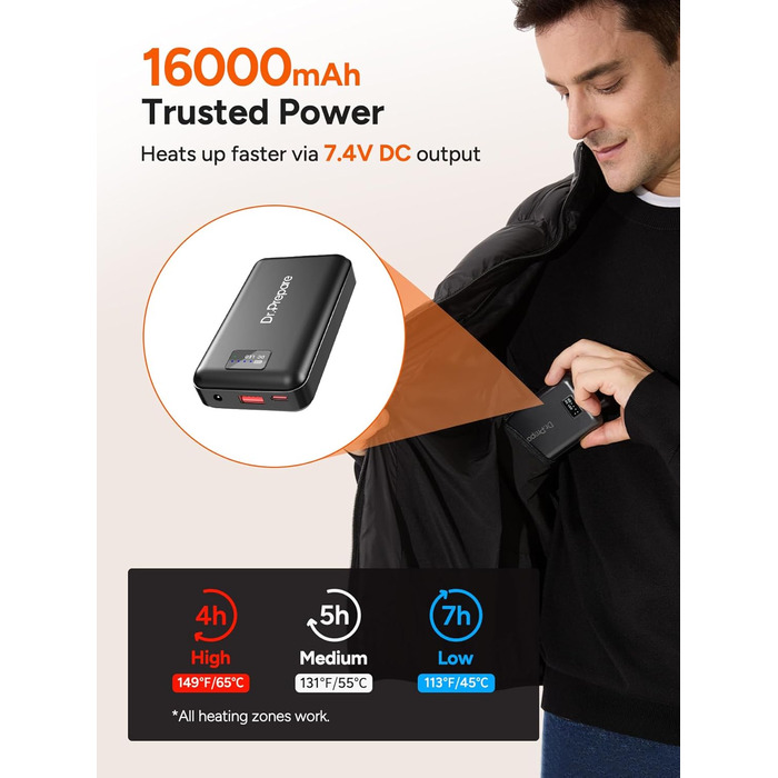Обогрівальна жилетка Dr.Prepare для чоловіків та жінок з Powerbank 16000mAh, 3 режими нагріву, 10 зон нагріву, для активного відпочинку, подорожей, спорту, чорна