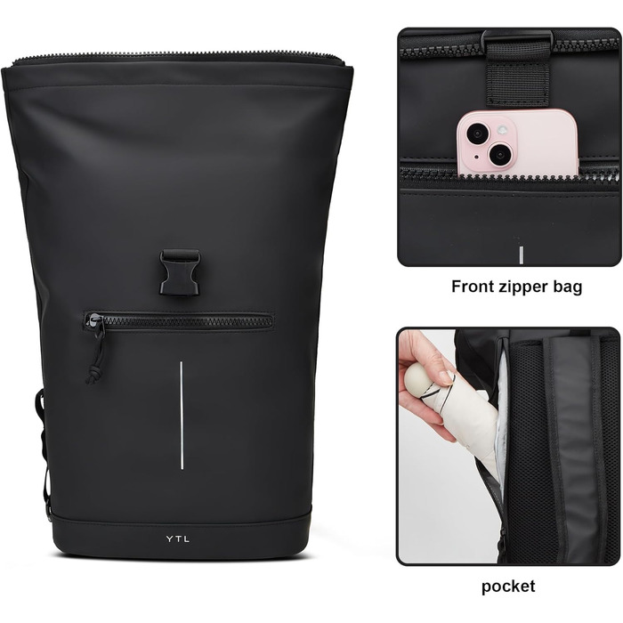 Чорний рюкзак YTL Rolltop з відділенням для ноутбука 17 дюймів. Ідеальний для подорожей, школи, університету, велопоїздок.