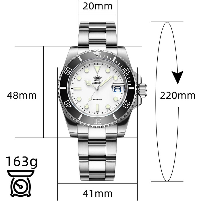 Чоловічий годинник ADDIESDIVE з кварцовим механізмом, аналоговий дисплей, водостійкий (20bar), сталевий браслет, великі світні стрілки (білий)