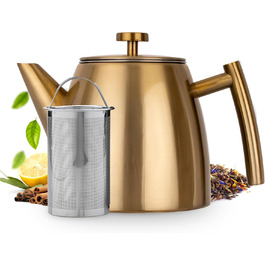 Teapot | Stainless Steel 1L | Teapot with Infuser | Stainless Steel Teapot | Stove for Teapot | Teapot with Stove | Tea Maker | Double-Walled (Gold)