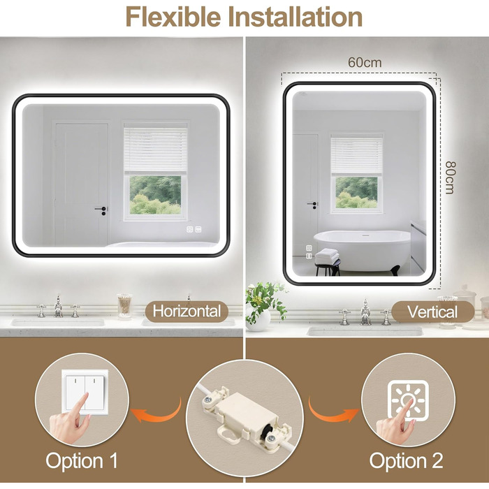 Дзеркало для ванної кімнати S'bagno з підсвічуванням 100x70 см, з алюмінієвою рамою, антизапар, 3000-6500K, функція пам'яті, IP44, горизонтальне/вертикальне, чорне