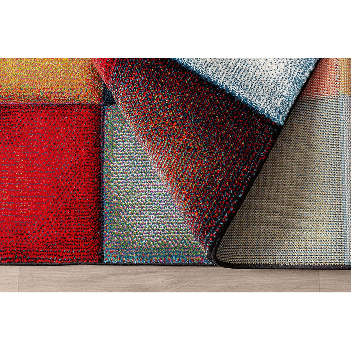 Monde Deluxe Living Room Carpet, Hand Carved, Short Pile, Colorful, Multicolored, Blue, Red, Brown, Green, Grey, Checkered, 80 x 150 cm, Multicolored
