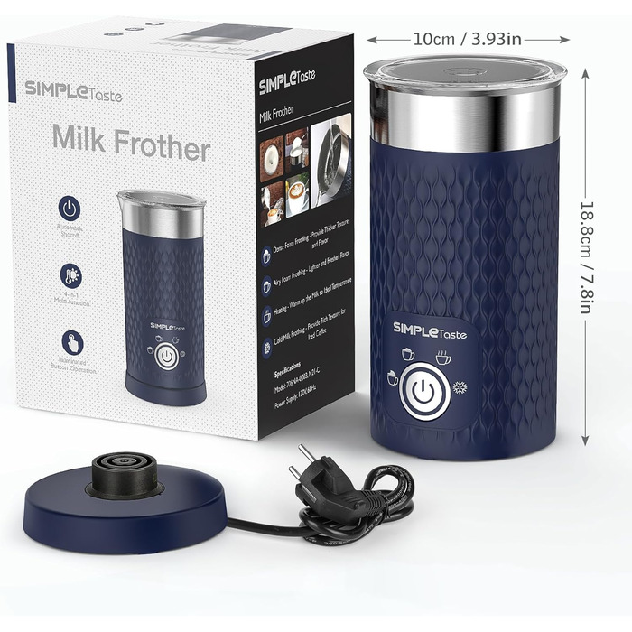 SIMPLETaste: Електричний спінювач молока 4-в-1, автоматичний спінювач та нагрівач молока для лате, капучино, макіато (блакитний)