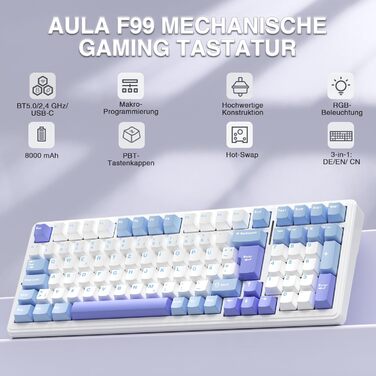 Механічна ігрова клавіатура AULA F99 з підсвічуванням RGB, PBT-клавіші, 8000mAh, 95% розмір, Bluetooth 5.0/2.4G/USB-C, Hot-Swap, Gasket Structure