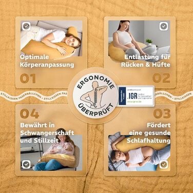 Подушка для годування sei Design XXL 190x30 з мусліновою наволочкою, ергономічна, для вагітних, для сну на боці, комфортна подушка для дорослих, наволочка з 100% бавовни [органічна бавовна] (Муслін Бернштайн, подушка для годування 190x30)