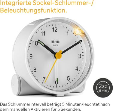 Braun Classic analog alarm clock with snooze function and light, quiet quartz movement, crescendo alarm in white, model BC01W.