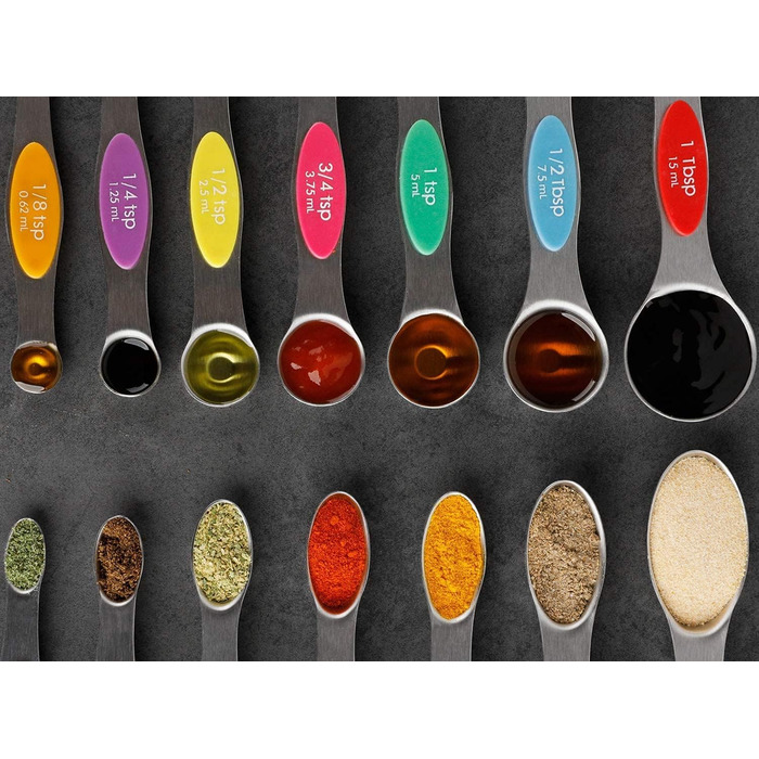 Мірні ложки магнітні з нержавіючої сталі, набір (2 шт.), столова та чайна, для сухих та рідких інгредієнтів, складаються одна в одну, кольорові