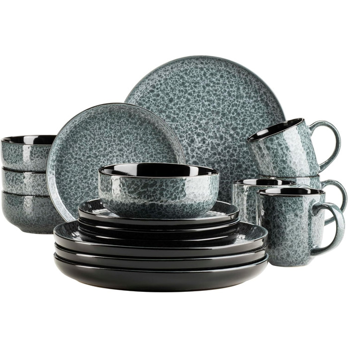MÄSER Filippa: Набір посуду з кераміки для 4 осіб (16 предметів); Тарілки, миски, чашки з реактивною глазур'ю, зелено-чорний колір, порцеляна