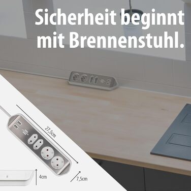 Бренненштуль Estilo Розподільник розеток у кут 4-разовий (настільна розетка з нержавіючою поверхнею для кухні та офісу, з 2 розетками із заземленням, 2 розетками Euro, з USB-функцією заряджання) Сріблястий/білий USB A сріблястий/білий
