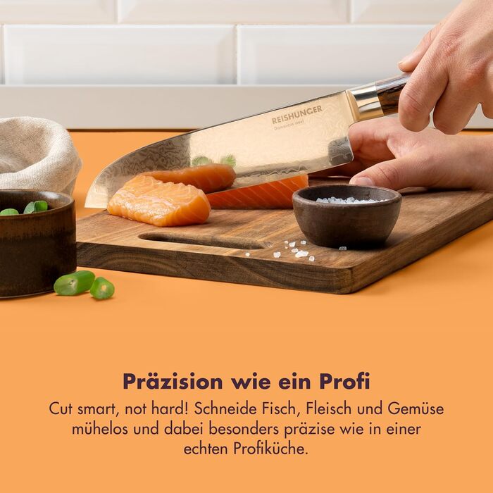 Ніж кухарський Reishunger Profi Chef Damast – довгий ніж Сантоку з високоякісної дамаської сталі, універсальний