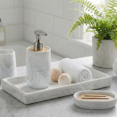 Набір для ванної кімнати 4 предмети з піддоном - дозатор для мила (цинк), стакан для зубних щіток, мильниця та поличка - мармуровий малюнок, бамбук - сучасний органайзер (піддон Marble)