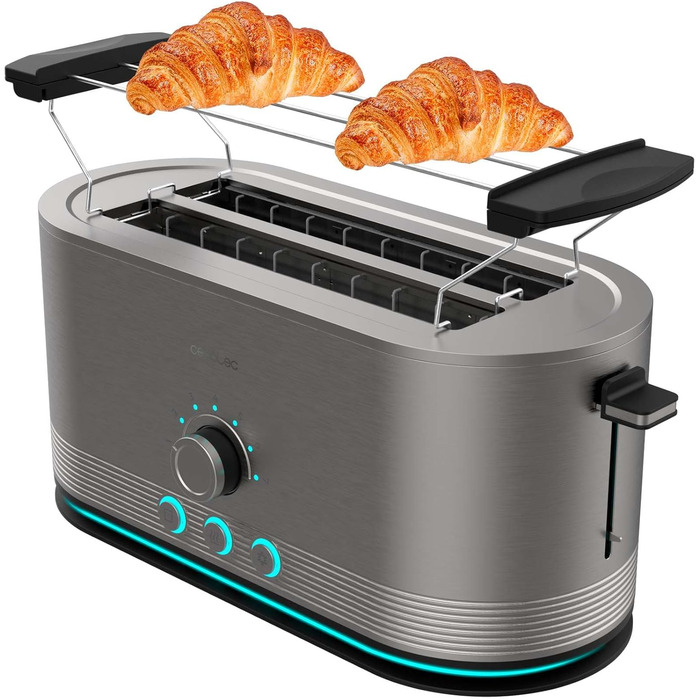 Cecotec Shine&Toast Extra Double stainless steel vertical toaster. 1400W, capacity for 4 slices, 3.8 cm wide slots, illuminated ring, 7 browning levels, upper bread rack.