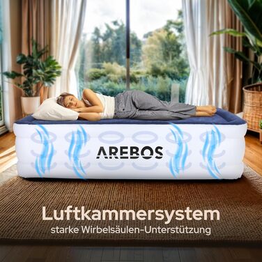 Надувний матрац Arebos | Самостійно надувний матрац 203 × 95 × 51 см, для 1 особи | Гостьовий матрац з електричним насосом | Надувний матрац з сумкою для перенесення, для кемпінгу/дому (Синій/Білий)
