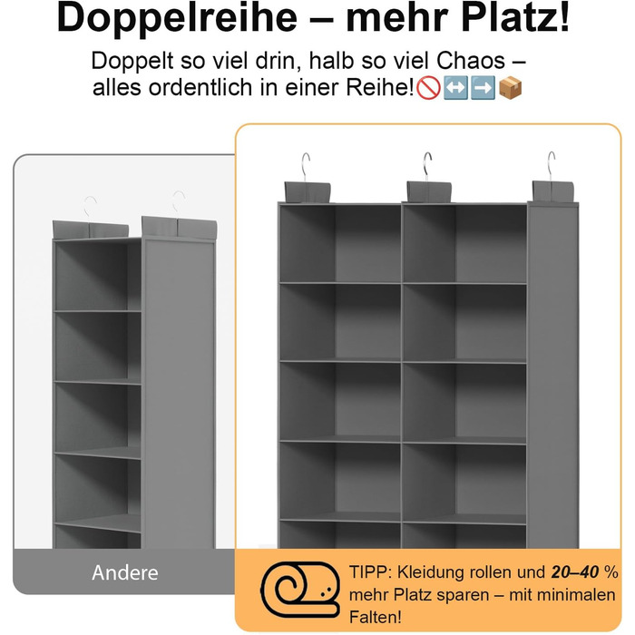 Настінна вішалка-органайзер для одягу, 6 ярусів, сіра. З металевими гачками, для зберігання в шафі, спальні, гуртожитку. Економія місця.