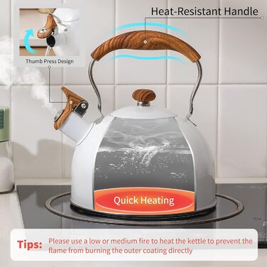 Чайник для плити LONFFERY 2.5 л з свистком, з нержавіючої сталі, дерев'яним декором, складаним ручками, кремово-білий