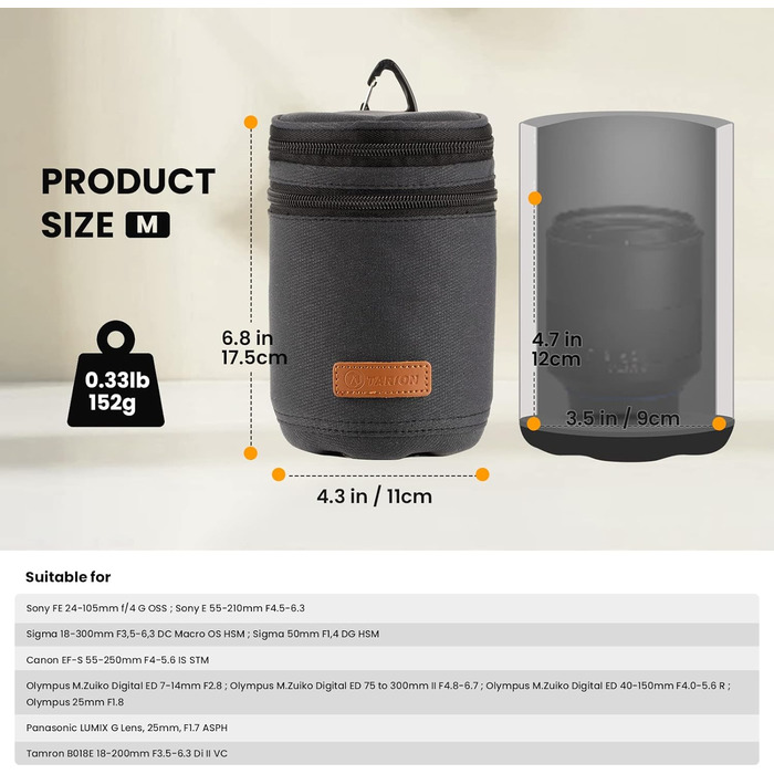 Чохол для об'єктива TARION: захисний, водонепроникний, з жорстким дном, сумісний з Canon, Nikon, Pentax, Sony, Olympus