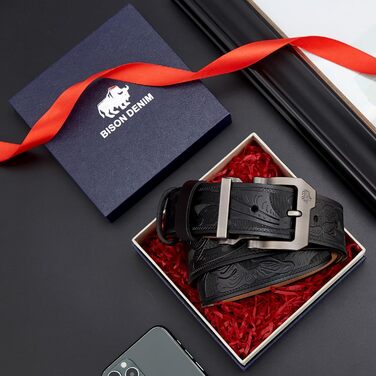 Шкіряний ремінь BISON DENIM для чоловіків, класичний пояс для джинсів та бізнес-одягу, ширина 38 мм, довжина 130 см (на талію 109-114 см), у подарунковій коробці