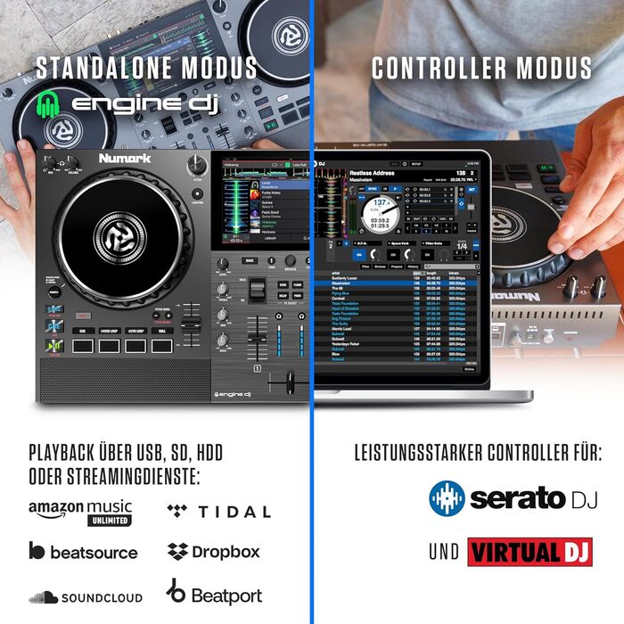 Numark Mixstream Pro Go: Портативний DJ-контролер з акумулятором, мікшер з розділенням STEM, динамік, Wi-Fi, сенсорний екран, сумісний з Serato DJ