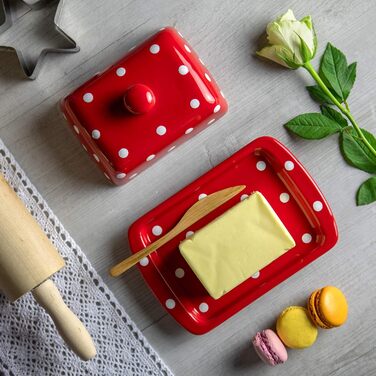 City to Cottage - Butterdose Keramik | Red and White | Polka Dots | Handmade | 250 gram ceramic butter dish with lid
