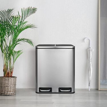 Відро для сміття LIFERUN з двома відсіками, 2 x 15 літрів, з нержавіючої сталі, м'яке закриття кришки, знімний внутрішній відро, ручки, відро для сміття з педаллю, для квартири, маленької сім'ї, сріблястого кольору