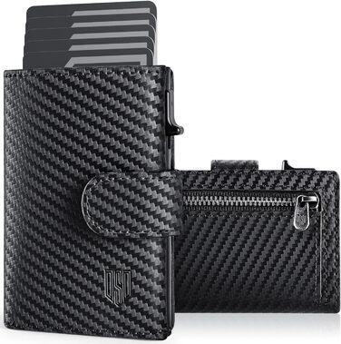DODENSHA Credit Card Wallet - Wallet for Men - RFID Credit Card Holder with Coin Pocket, Automatic Pop-up Card Holder Made of Aluminum for 8-10 Cards, ID Window, Black | Carbon