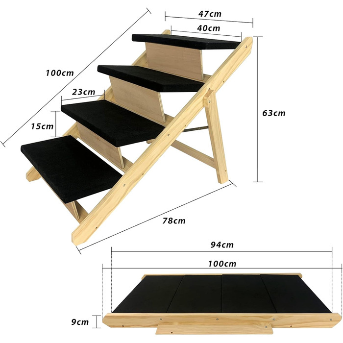 Froadp 49x38x61cm Folding Dog Stairs - Plastic Folding Pet Stairs with 4 Steps & Felt Mat - Non-Slip Cat Stairs Bed Balcony Sofa Portable Pet Stairs for Dogs and Cats (Wood Type A)