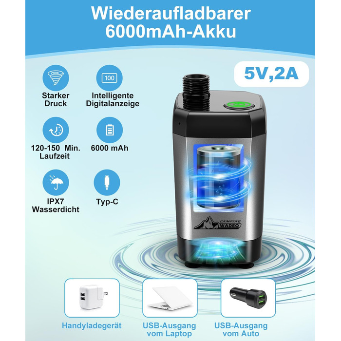 Портативна душова кабіна WADEO для кемпінгу з акумулятором та насосом, 6000-8000mAh, мобільний душ для відпочинку, подорожей, автомийки, сірого кольору, з індикатором температури та заряду акумулятора