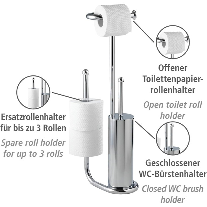 Набір для туалету WENKO Stand WC-Garnitur Universalo Chrom, з тримачем туалетного паперу та щіткою для унітазу, з хром-сталі, 20 x 62,5 x 23 см