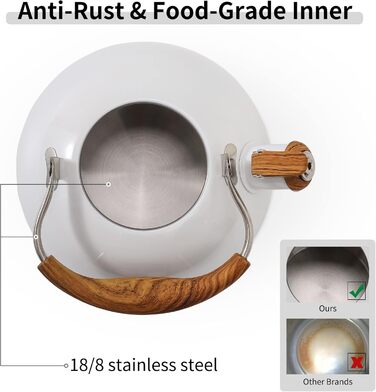 Чайник для плити LONFFERY 2.5 л з свистком, з нержавіючої сталі, дерев'яним декором, складаним ручками, кремово-білий