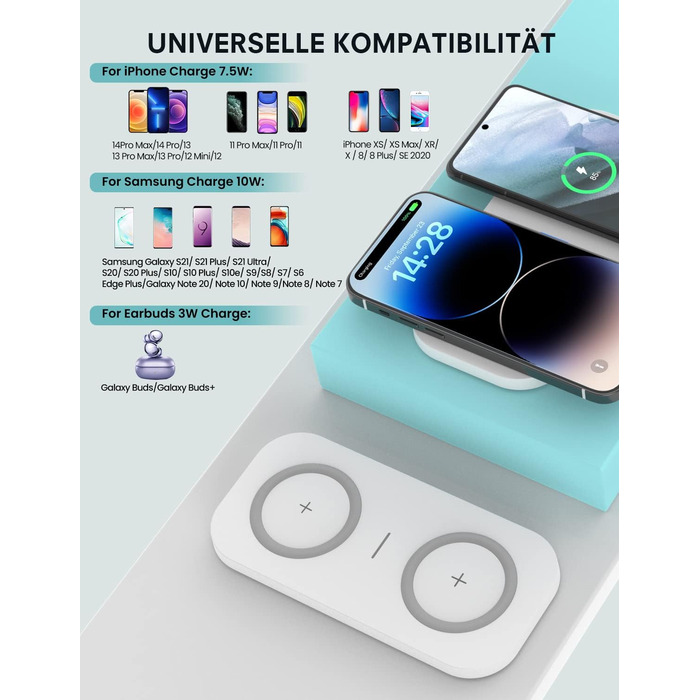 Бездротовий зарядний пристрій JoyGeek 2-в-1, 15W, для iPhone та Samsung, білий