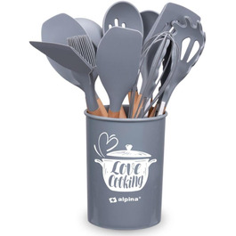 Набір кухонних аксесуарів Alpina 7 предметів з поворотним підставкою – кухонні інструменти, силіконовий набір посуду для кухні (сірий)