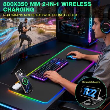 Ігровий RGB килимок для миші з бездротовою зарядкою Qi 15W, 800x350x4мм, 10 режимів підсвічування, швидка зарядка 10W для iPhone та навушників, водонепроникний, протиковзаючий (Чорний)
