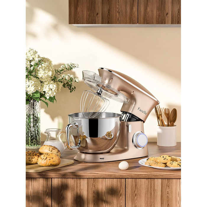 Facelle 2000W 8.5L Stand Mixer - Dough & Cake Mixer with Whisk, Dough Hook, Beater & Splash Guard for Baking, Cakes, Cookies, Kneading, 6+ Speed - Champagne Color