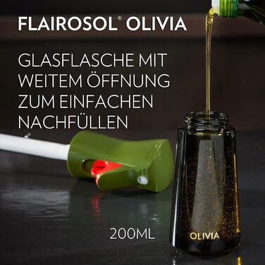 Скляний олійний спрей FLAIROSOL OLIVIA 200 мл, безперервне розпилення, контроль порцій, для кухні, салатів, грилю, випічки, зелений