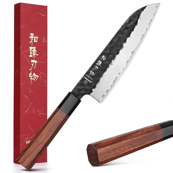 Японський ніж Santoku 18,5 см Hezhen, кухонний, з кованого сталі, з дерев'яною ручкою