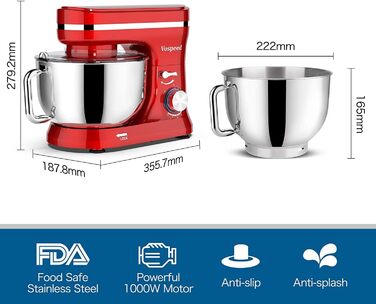 Кухонна машина Vospeed (червона), тістоміс 5QT, 8 швидкостей, чаша з нержавіючої сталі, набір насадок (гак, вінчик, міксер), придатна для мийки в посудомийній машині