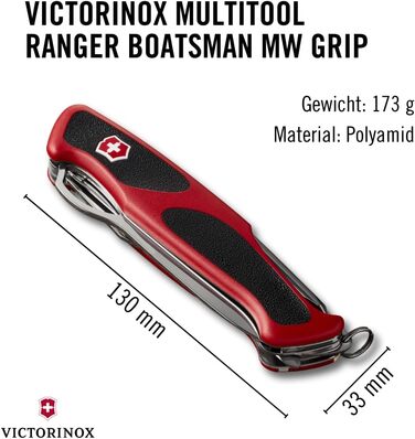 Швейцарський ніж Victorinox Ranger 78 M: мультитул з 12 функціями, фіксатор леза, відкривачка для пляшок, червоно-чорний
