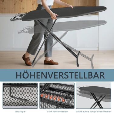 Відкидна прасувальна дошка з підставкою для праски, регульована по висоті, з неслизькими ніжками, компактна, чорна (122 x 38 см)