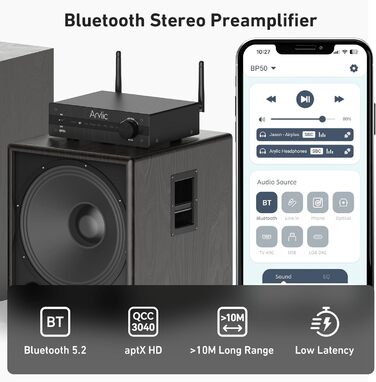 Arylic BP50 Bluetooth 5.2 Аудіоприймач для стереосистем з aptX, HDMI ARC, Phono входом та Free App. Bluetooth аудіоадаптер з DAC, RCA виходи для AV-ресивера або стерео-попереджувача.