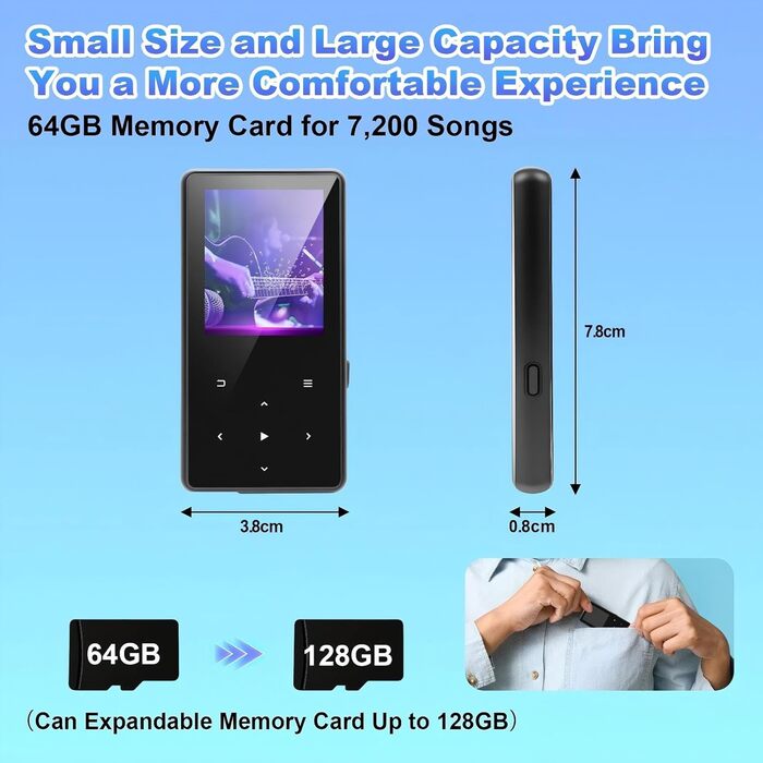 MP3-плеєр 128GB з Bluetooth, портативний музичний плеєр з динаміком, 2.4' Full Touch Screen, HiFi звук, FM радіо, записувач, навушники в комплекті, для спорту