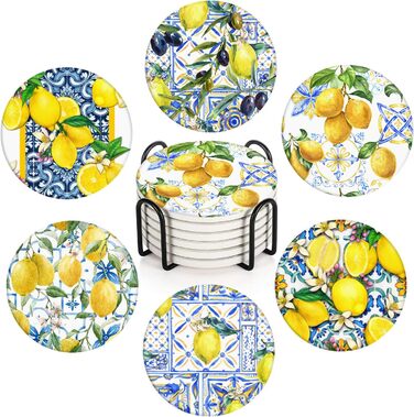 Drink coasters, set of 6, yellow lemon, fruit, blue ceramic tiles, pattern, absorbent, square, ceramic stone mat, with cork backing and metal holder, housewarming gift, (lemon)