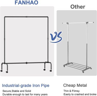FANHAO Clothing Rack with Wheels, Industrial Heavy-Duty Pipe Clothing Rack, Rollable Garment Rack for Hanging Clothes, 250 lb (113 kg) Weight Capacity, 2 Brakes, Matte Black
