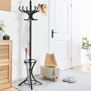 COSTWAY 184cm Wardrobe Rack with Umbrella Holder, Coat Rack with 12 Clothes Hooks, Clothes Rack made of Wood, Freestanding Coat Rack for Entryway, Living Room and Bedroom (Black)