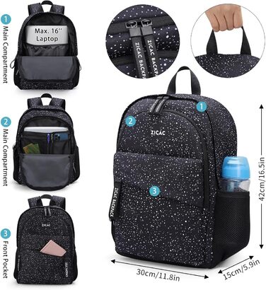 Рюкзак Zicac для чоловіків та жінок, Casual рюкзак для ноутбука 16 дюймів, легкий шкільний рюкзак для учнів та студентів, Daypack, рюкзак для подорожей, універсітету, школи, ділових поїздок, чорний