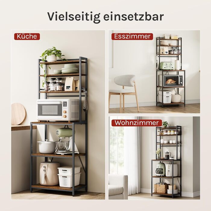 Стелаж кухонний Woltu з 6 полицями, з гачками, з металу та інженерної деревини, 60 x 167 x 40 см, рустичний коричнево-чорний