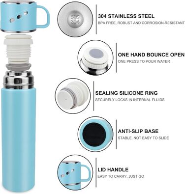 Термос з нержавіючої сталі 550 мл - термос-пляшка без протікань з чашкою та ручкою, вакуумний термокухоль 12 год гаряче / 12 год холодне, неслизький келих для кави в дорозі для спорту, роботи, школи, авто (Блакитний)