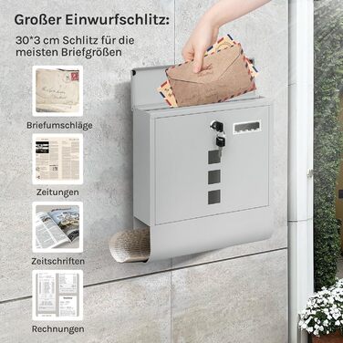 Поштовий ящик WOLTU з газетницею та оглядовим вікном, персоналізований, настінний, з замком та 2 ключами, сірий, 37x37x10.5 см